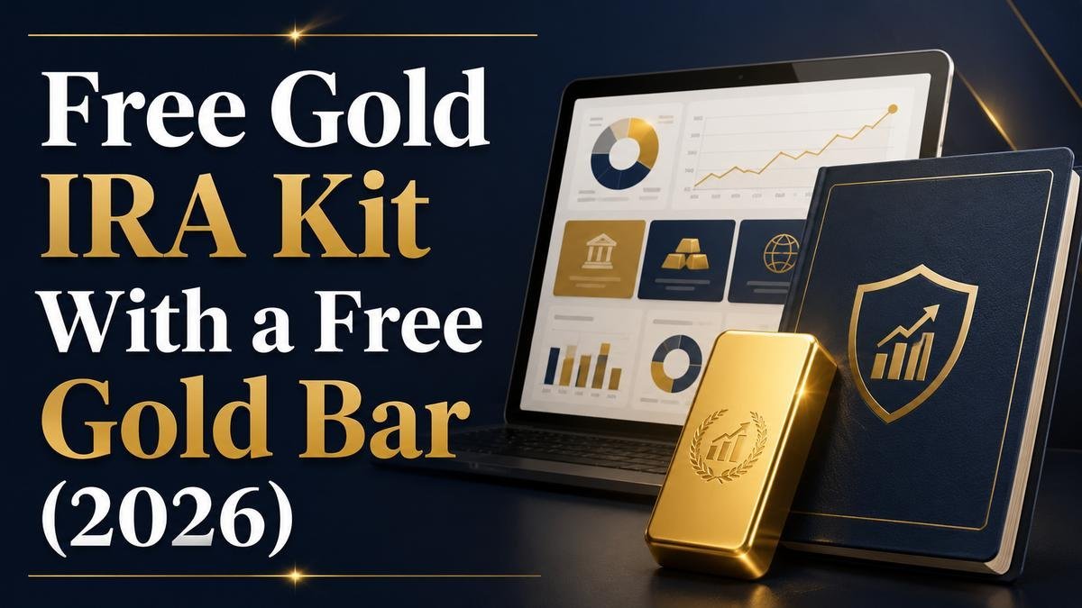 Title card reading Free Gold IRA Kit With a Free Gold Bar beside a gold bullion bar, an information booklet, and a generic retirement dashboard