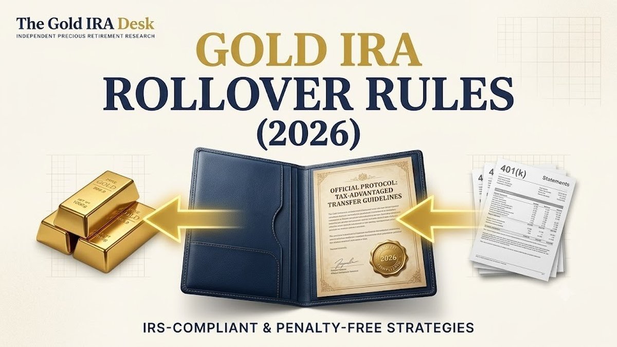A 401(k) statement beside an IRS rollover chart and a Gold Eagle coin, editorial finance photography