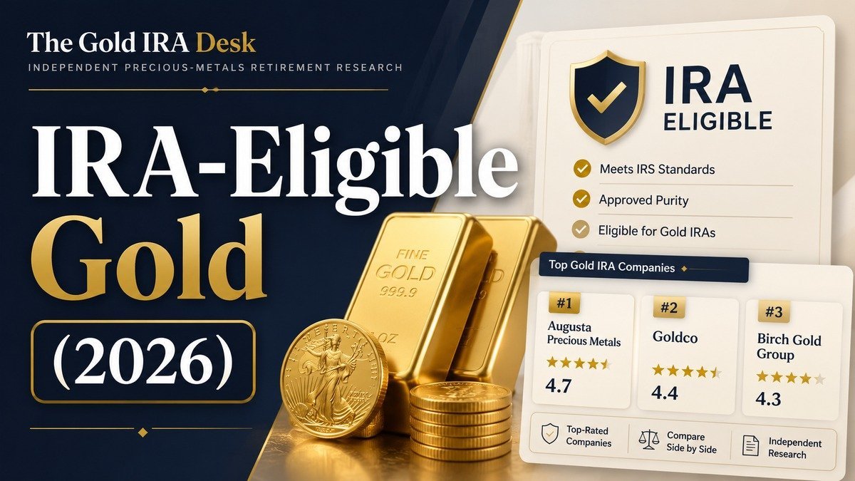 IRA-eligible gold bullion bars and an American Gold Eagle coin beside an eligibility checklist, editorial finance photography